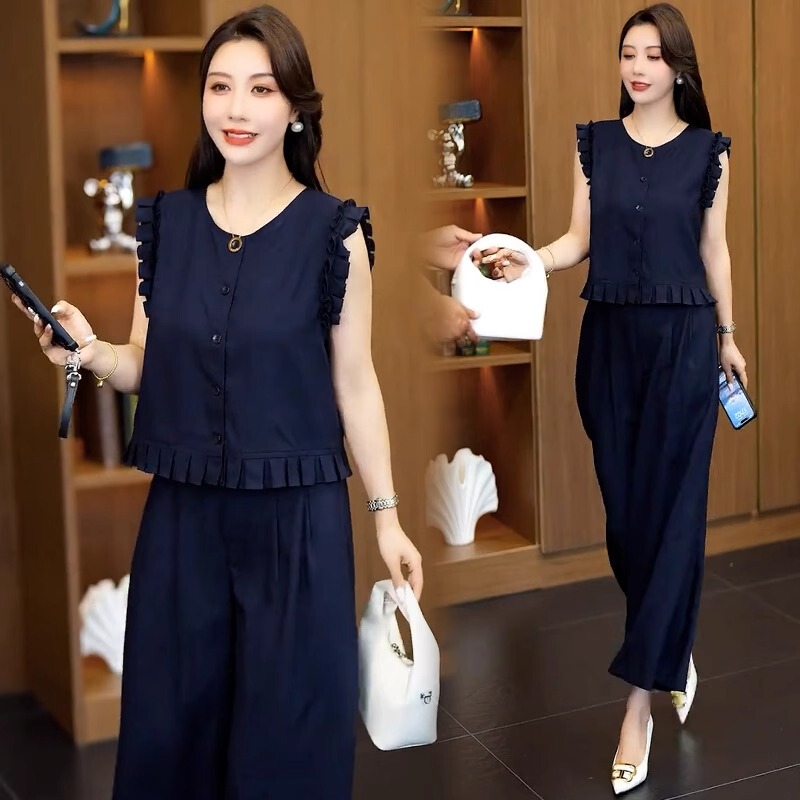 Fashionable Age-Reducing Suit for Women 2026 New Style Slimming Ruffled Sleeveless Top Wide-Leg Pants Cotton and Linen Two-Piece Set