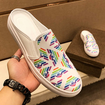 Official website jointly named Liden Armani printed leather semi-slippers mens summer Korean trend Baotou slippers men