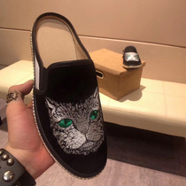 European station mens shoes green-eyed cat embroidery half slippers mens summer heels cowhide frosted Sanders