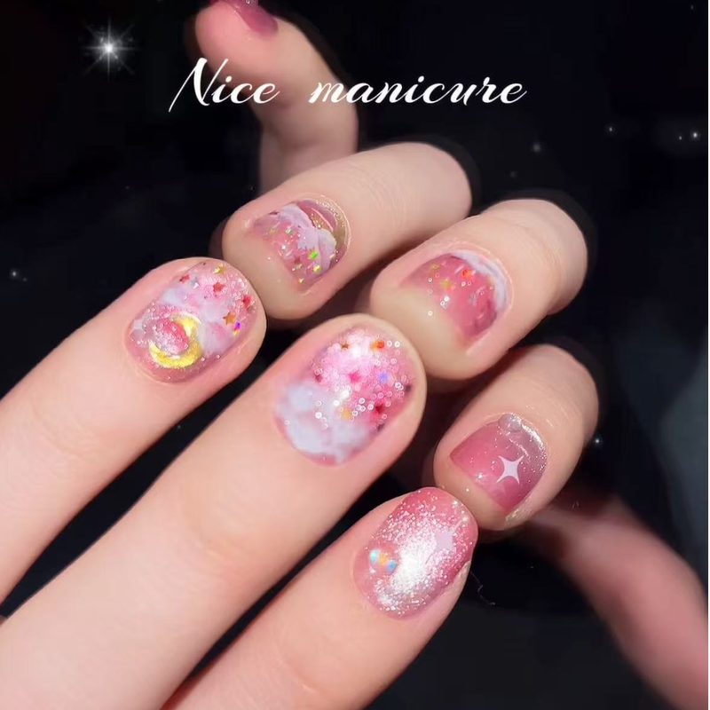 【Dreamy Star Rain】Handmade Wearable Nails 10-Piece Set Pink Series Shiny Flakes Stars Moon Clouds