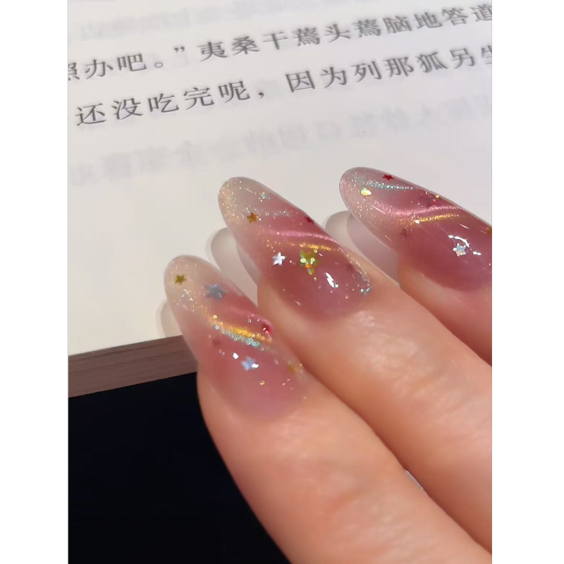 【Meteor Shower】10-Piece Set of Fully Handmade Wearable Nails, High-Quality Creative Three-Color Flowing Line Cat-Eye Design, Long Style, Versatile
