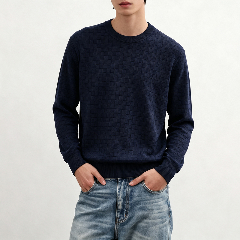 Seasonmark Old Money Style Round Neck Knit Sweater for Men, Autumn Checkerboard Pullover Long-Sleeve Knit Top Seasonmark Old Money Style Round Neck Knit Sweater for Men, Autumn Checkerboard Pullover Long-Sleeve Knit Top
