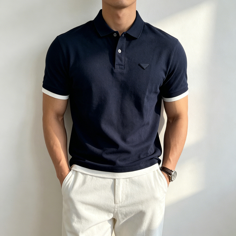 Season Mark Triangle Logo Fake Two-Piece Polo Shirt Short-Sleeved Business Casual Versatile Regular Shoulder Pure Cotton Men's T-Shirt