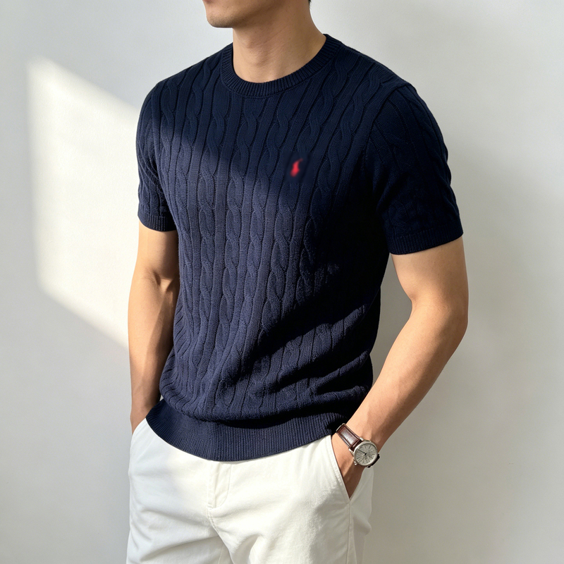 Season Mark Navy Blue Pony Embroidery Cable Knit Red Label Crew Neck Short Sleeve Casual Regular Shoulder Solid Color Men's T-Shirt Summer