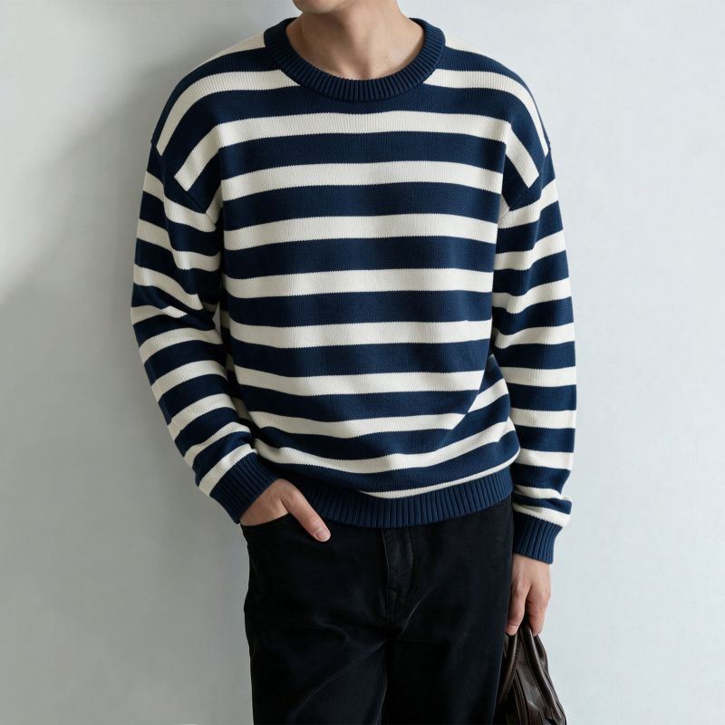 Season Mark Early Autumn New Knitted Striped Crew Neck Sweater Casual Versatile Comfortable Men's Long-Sleeved Sweatshirt