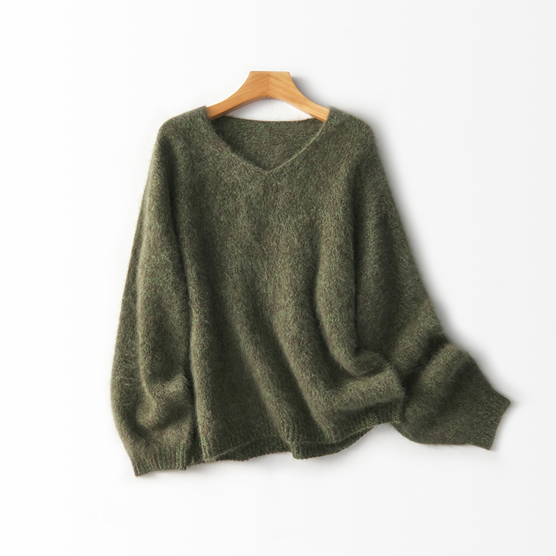 300g Thick Seamless All-Wool Sweater with Rolled Edges, Round Neck Knitwear, V-Neck 100% Pure Wool Top, Brushed and Loose-Fitting