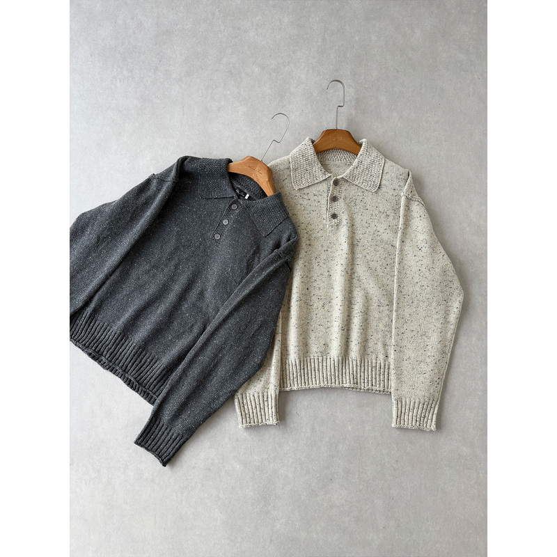 H1C Colorful Yarn* Wool Short Wide Boxy Knit Lapel Pullover Polo Sweater with Rolled Hem and Reverse Stitching/Colorful Yarn Vibe