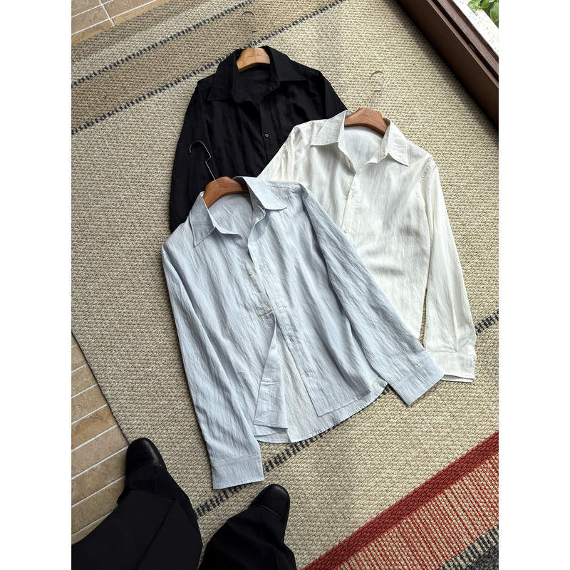 H1C Salt-Shrinked* Imitation Cupro Micro-Pleated Texture Tencel Basic Relaxed Shirt, Available in Three Colors/Full Edge Lining