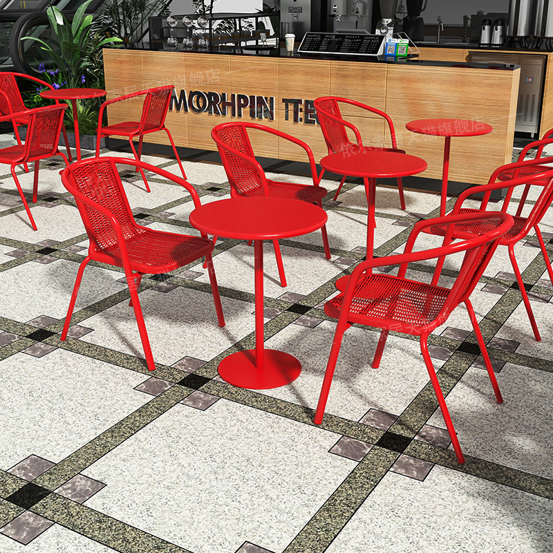 Red Milk Tea Shop with One Table and Two Chairs, Bar Counter, Round Table, Seating Area, Outdoor Balcony, Dessert Shop, Coffee Table, Chair with Backrest