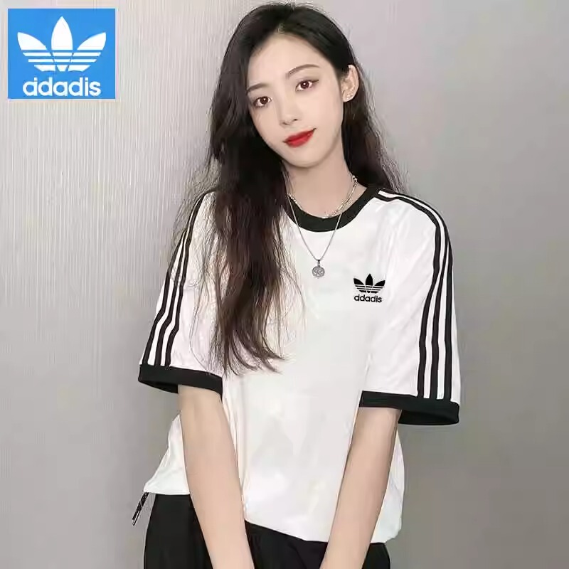 Brand Three-Stripe Sportswear Short-Sleeved T-Shirt for Women, Pure Cotton Embroidered Round Neck Casual Loose Couple Running Top for Men