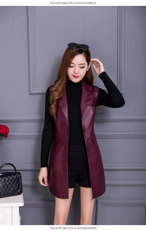 Tính khí da của phụ nữ mùa thu 2018 mới thời trang slim không tay da vest trong dài đơn hàng khóa pu leather jacket áo da cổ lông