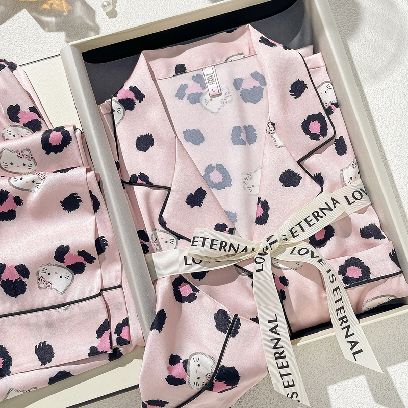 Uae Leopard Print Kt Cat Three-Piece Silk Pajamas Set for Women, Summer Cool Ice Silk Homewear, Gift Box for Girlfriend