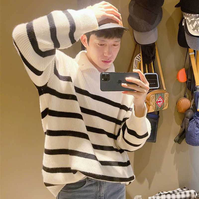 Jing Boran Style Black and White Striped Turtleneck Lazy Style Loose Unisex Pullover Knitwear Japanese Style Men's Collared Sweater Jing Boran Style Black and White Striped Turtleneck Lazy Style Loose Unisex Pullover Knitwear Japanese Style Men's Collared Sweater