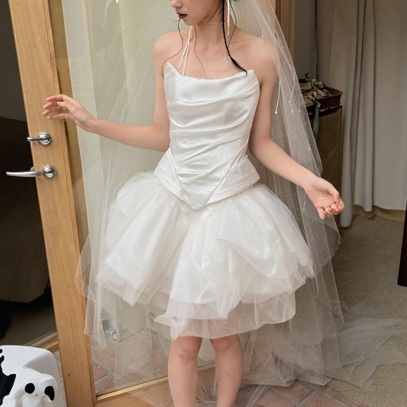 French-Style Strapless Light Wedding Dress, Niche Satin Morning Robe, Short White Dress for Marriage Registration, Engagement Dress for Petite Figures