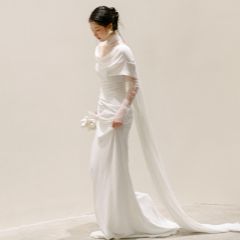 French-Style Off-The-Shoulder Light Wedding Dress, Fairy-Like White Long-Sleeve Bridal Gown, Satin Morning Robe Dress French-Style Off-The-Shoulder Light Wedding Dress, Fairy-Like White Long-Sleeve Bridal Gown, Satin Morning Robe Dress