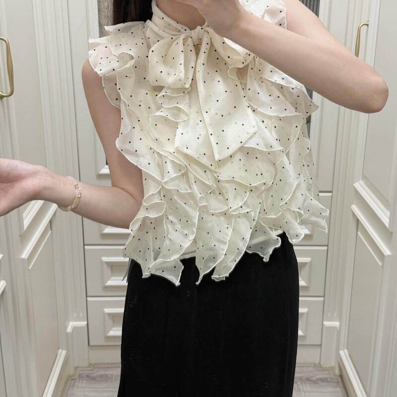 Original Order~ Four Thousand Gold Japanese-Style Polka Dot Velvet Bath Flower Top 2026 Summer New Bowknot Sleeveless Shirt