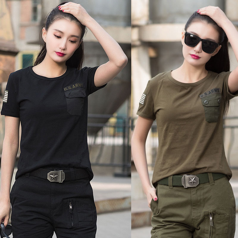 Military fans combat training suit women's clothes short sleeves T-shirts half-sleeved black coat sailors dance dress