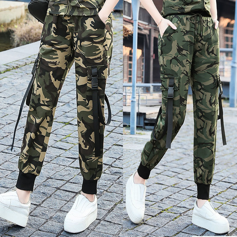 2021 new camouflage pants overalls military pants women's pants elastic waist sweatpants multi-pocket elastic pants women