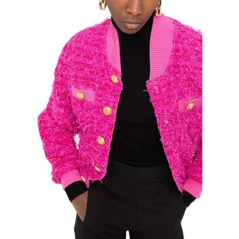 Effie Balmain 2025 Spring/Summer Red Top Fashion Lion Button Sequin Knit Baseball Jacket