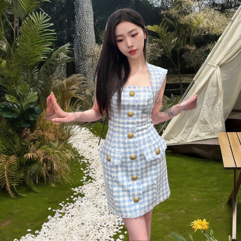 Effie Balmain Summer 25Ss New Hot Style Frayed Edge Checkered Tweed Sleeveless Vest Mini Dress for Women Effie Balmain Summer 25Ss New Hot Style Frayed Edge Checkered Tweed Sleeveless Vest Mini Dress for Women