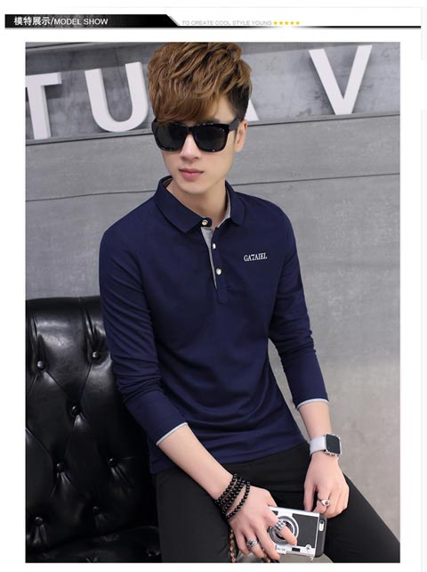 Áo thun nam dài tay mùa xuân phiên bản Hàn Quốc có nút thắt quần áo mùa thu chạm đáy áo sơ mi nam triều áo ve áo thun áo thun polo nam