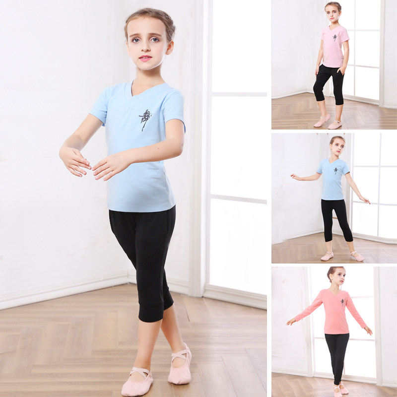 Dance clothing children's long-sleeved Chinese dance training clothes girls V-neck tops Rob trousers dancing two-piece suit