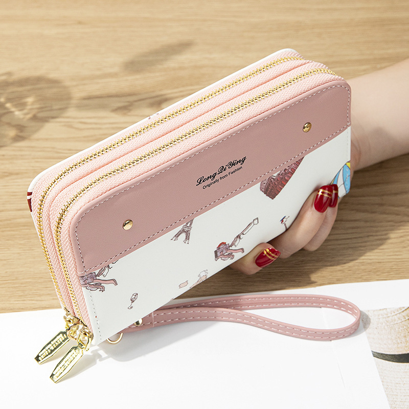New Style Women's Long Wallet with Double Zipper, Mobile Phone Bag, Student Studded Wallet, Large Capacity Clutch Bag, Soft Coin Purse