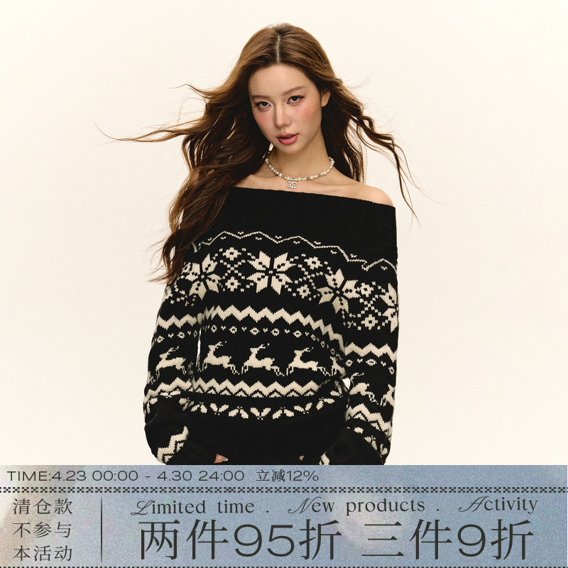Ariseism American Retro Design Fair Isle One-Shoulder Sweater Jacket for Women Spring New Off-Shoulder Top