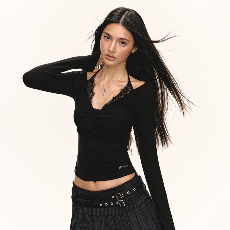 Ariseism American Retro Design Black Lace Lanyard Long-Sleeved T-Shirt for Women Spring New Slim Fit Top Ariseism American Retro Design Black Lace Lanyard Long-Sleeved T-Shirt for Women Spring New Slim Fit Top