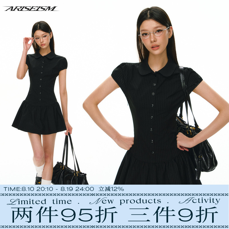 Ariseism American Retro Doll Collar Black Vertical Stripesd Dress Women's Summer New Slim Fit Skirt Ariseism American Retro Doll Collar Black Vertical Stripesd Dress Women's Summer New Slim Fit Skirt