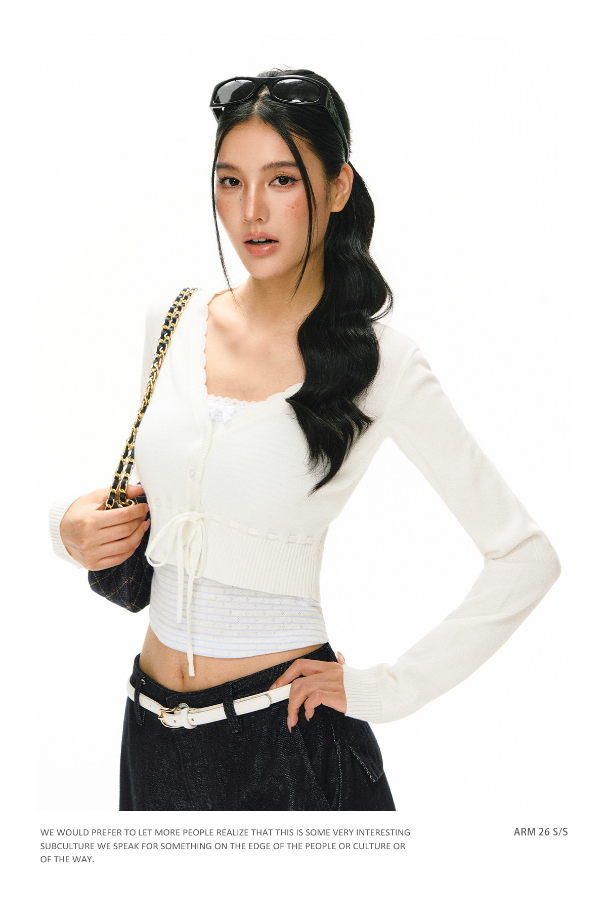 ARISEISM White V-Neck Long-Sleeve Cropped Cardigan