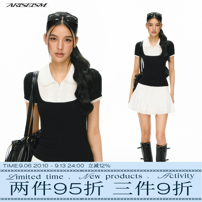 Ariseism American Retro Design Lapel Short-Sleeved T-Shirt for Women, New Summer Slim-Fitting Top Ariseism American Retro Design Lapel Short-Sleeved T-Shirt for Women, New Summer Slim-Fitting Top