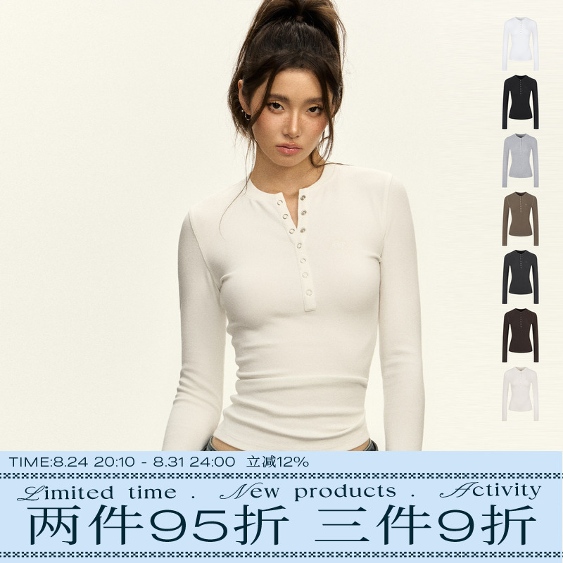 Ariseism American-Style Henry Collar White Slim-Fit Long-Sleeve T-Shirt for Women, Autumn Tight-Fitting Top, Inner Layer Base Shirt Ariseism American-Style Henry Collar White Slim-Fit Long-Sleeve T-Shirt for Women, Autumn Tight-Fitting Top, Inner Layer Base Shirt