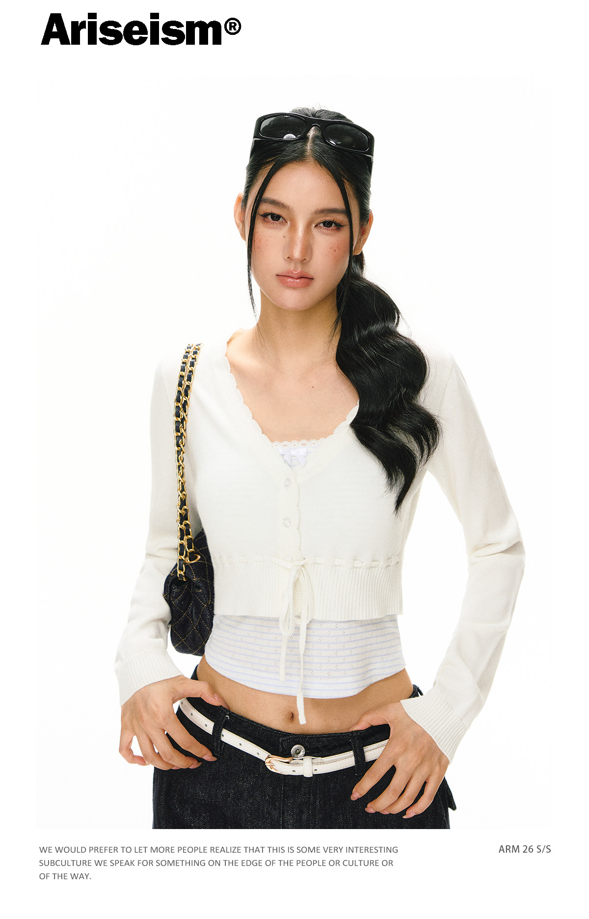 ARISEISM White V-Neck Long-Sleeve Cropped Cardigan