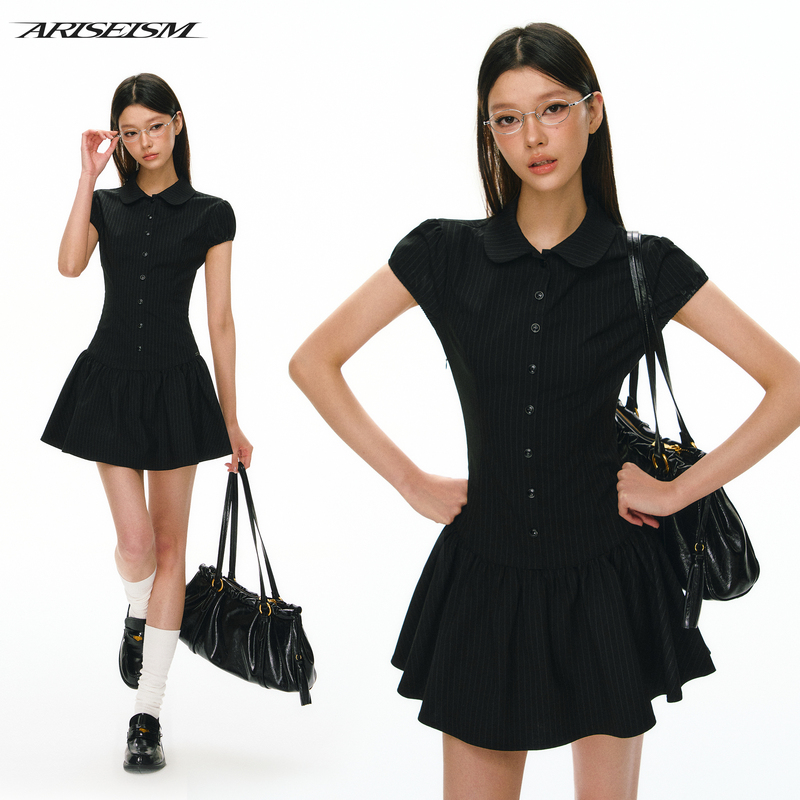 Ariseism American Retro Doll Collar Black Vertical Stripesd Dress Women's Summer New Slim Fit Skirt