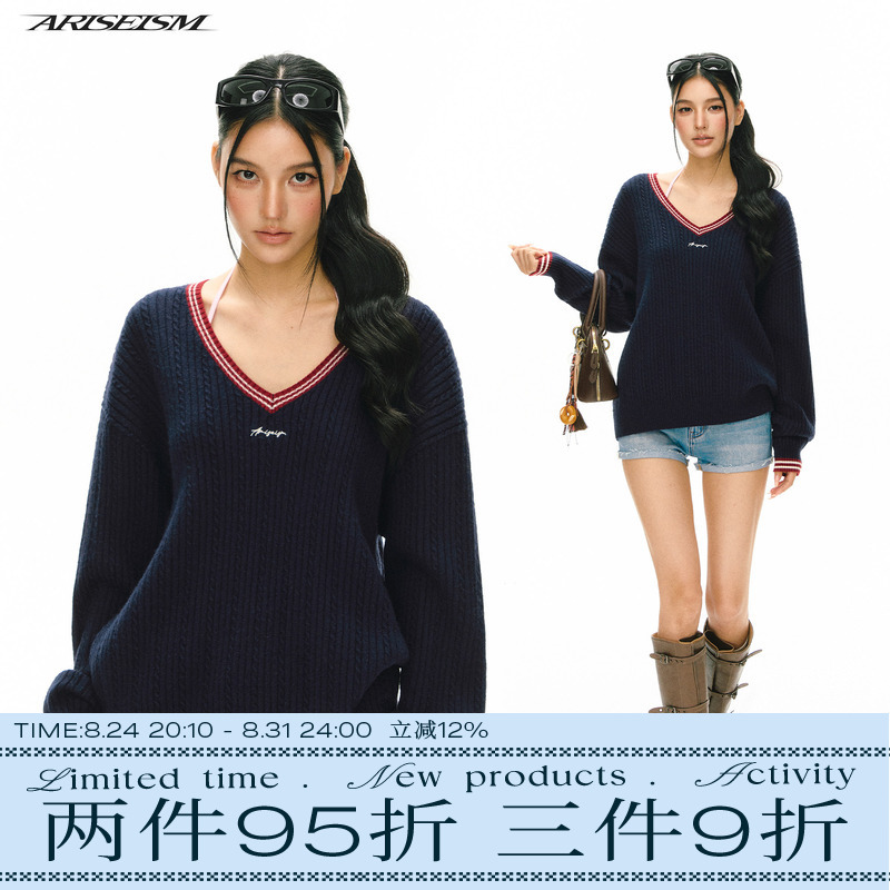 Ariseism American Retro V-Neck Sweater for Women, New Loose Top for Autum Ariseism American Retro V-Neck Sweater for Women, New Loose Top for Autum
