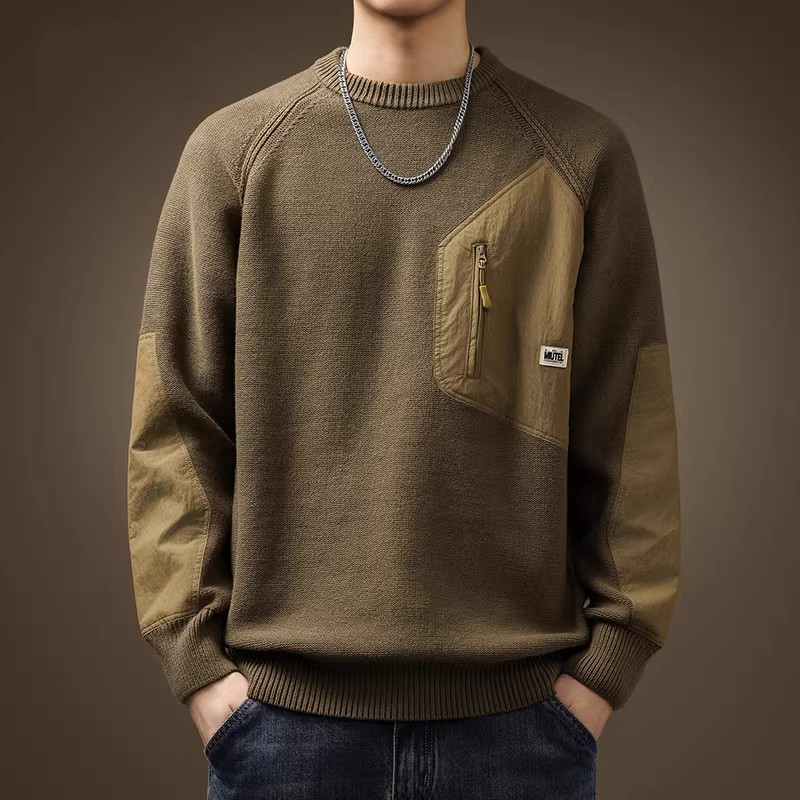 Kuraishi Kazuki Trendy Brand Heavyweight Retro High-End American-Style Sweater for Men, Autumn and Winter Thickened Color-Blocked Pocket Loose Knitwear