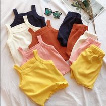  Girls  suit 2021 summer new Korean version of solid color soft and comfortable sleeveless vest shorts suit
