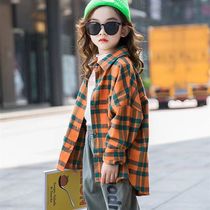 Girl Plaid Shirt Spring Autumn Thin children Long sleeves Department buckle polo collar cardiovert blouses CUHK Tong Collar Shirt