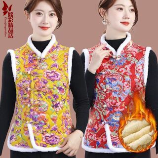 新款大花盘扣加绒加厚马甲民族风中老年女妈妈装碎花保暖坎肩马夹