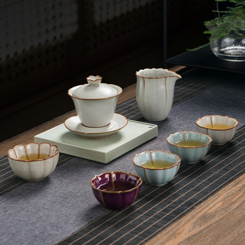 Jingdezhen Ru kilo open sheet Gongfu tea with ceramic tea cup lid bowl tea tea pot suit home small set of portable minima