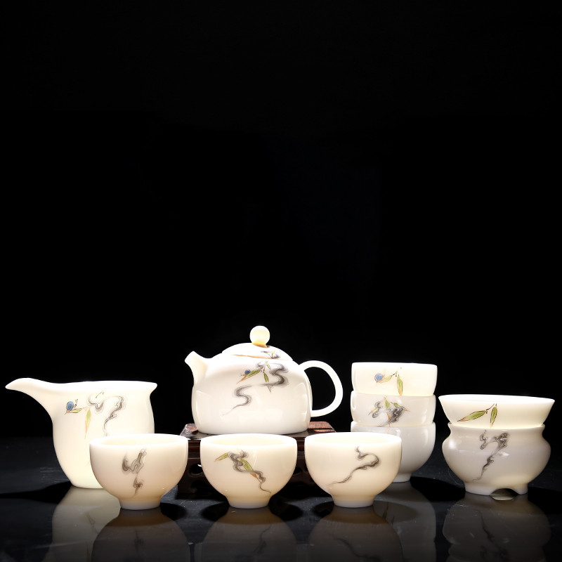 Shea Butter Jade Porcelain Tea Set Group Hand Painted Sketching Household Whole Set White Porcelain Tea Tea Tea Tea Teacup Tea Teapot Teapot Teapot