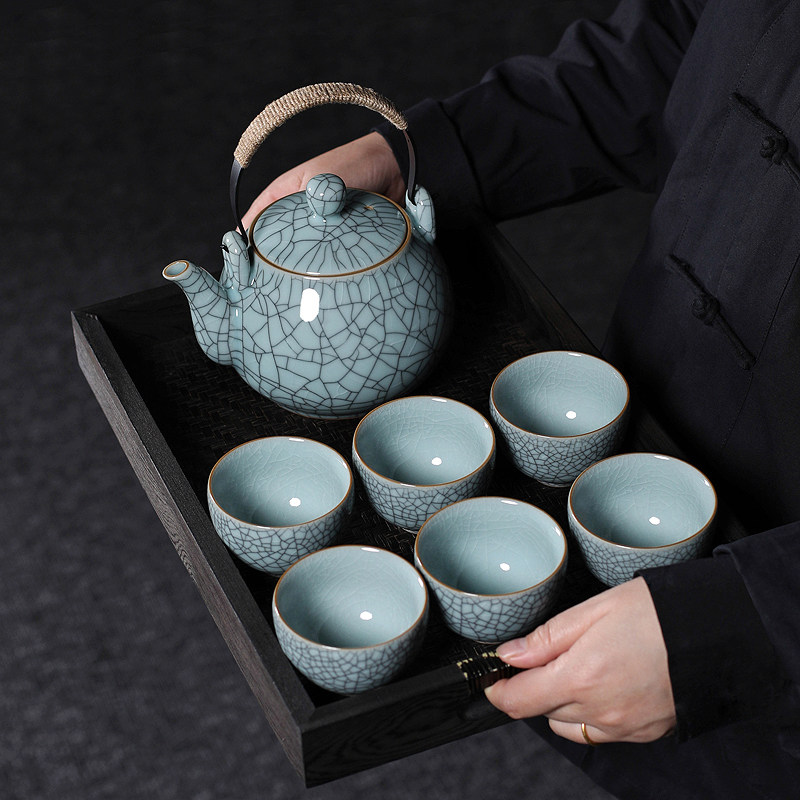 Handmade ice-cracked ceramic tea brewing beam teapot teacup large celadon Kung Fu tea set set Longquan living room home