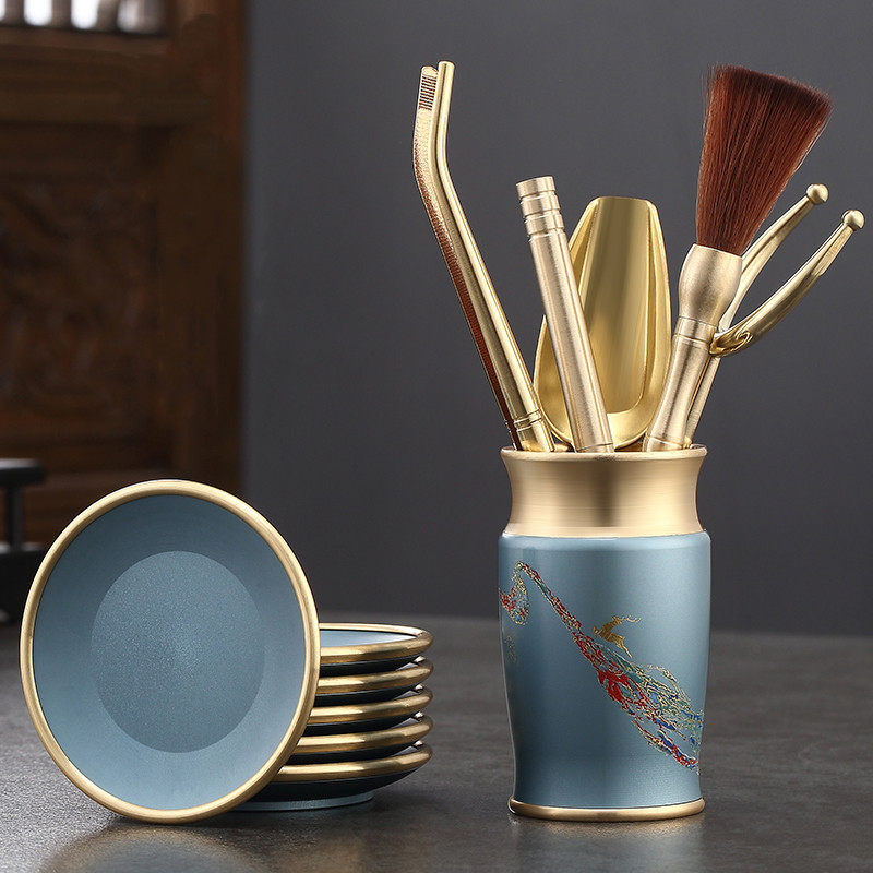 Pure Copper Tea Ceremony Six Gentlemen Lacquer Set Tea Tools Tea Knife Clip Spoon Tea Cup Holder Kung Fu Tea Set Accessories Daquan