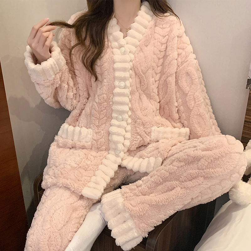 Coral Velvet Pajamas for Women in Spring, Autumn and Winter, Thickeneded and Warm, Cute Flannel Home Clothes, Princess Style Suit, Pink