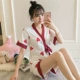 Bộ đồ ngủ kimono nữ mùa hè dễ thương chim hồng hạc địu bông tinh khiết gợi cảm Nhật Bản và Hàn Quốc hai mảnh mỏng tại nhà - Cha mẹ và con