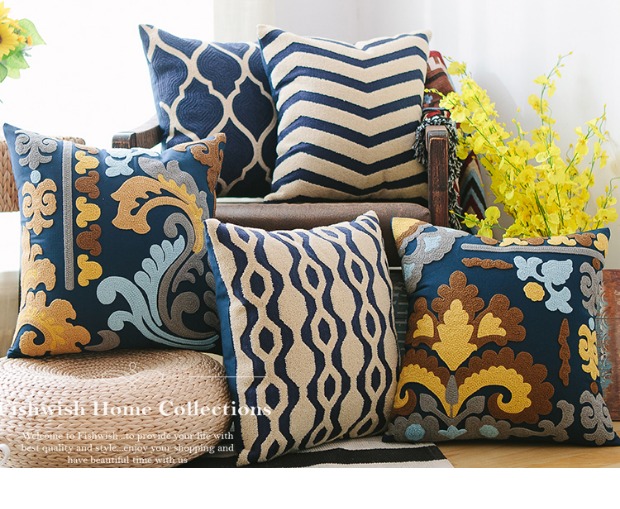 Hình học đệm màu xanh và trắng bao gồm đệm sofa sọc và vải lanh Mỹ gối tựa lưng thêu không có lõi - Trở lại đệm / Bolsters gối kèm chăn 2 trong 1