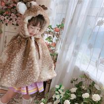 Japanese GP autumn and winter girls Christmas cloak deer cloak European childrens imitation fur plus velvet warm outing clothes