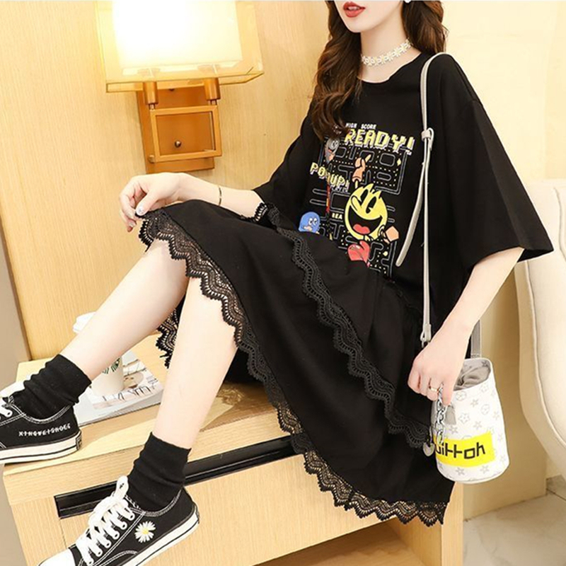 Pure Cotton Mid-Length Loose-Fitting Stylish Sweet Lace Patchwork Tummy-Covering Short-Sleeve T-Shirt Dress for Summer
