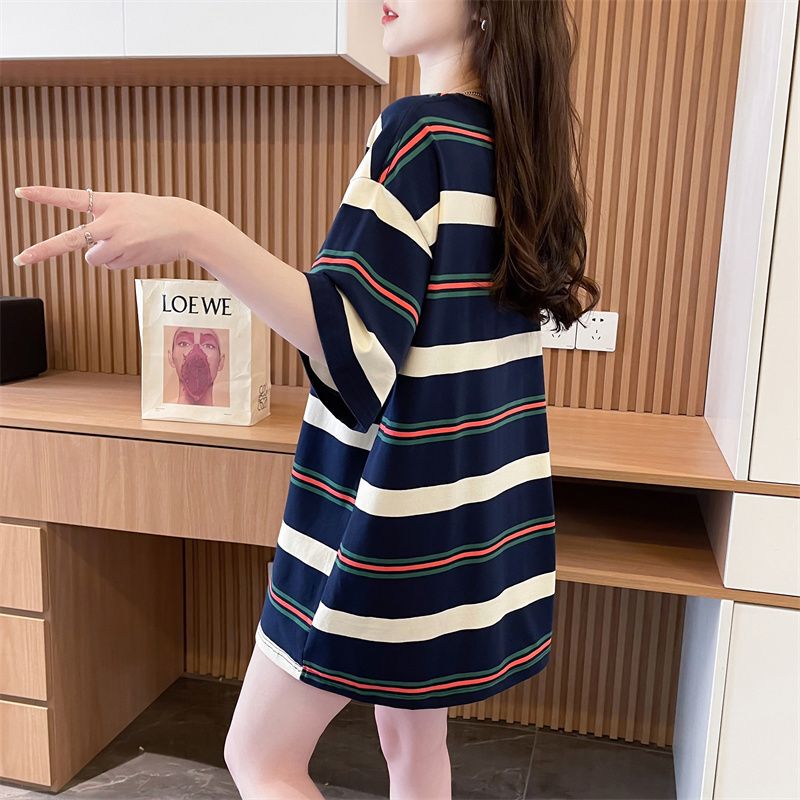 Pure Cotton American Retro Colorful Striped Summer Short-Sleeve T-Shirt for Women, Mid-Length, Stylish, Loose Fit, Plus Size Top, Trendy